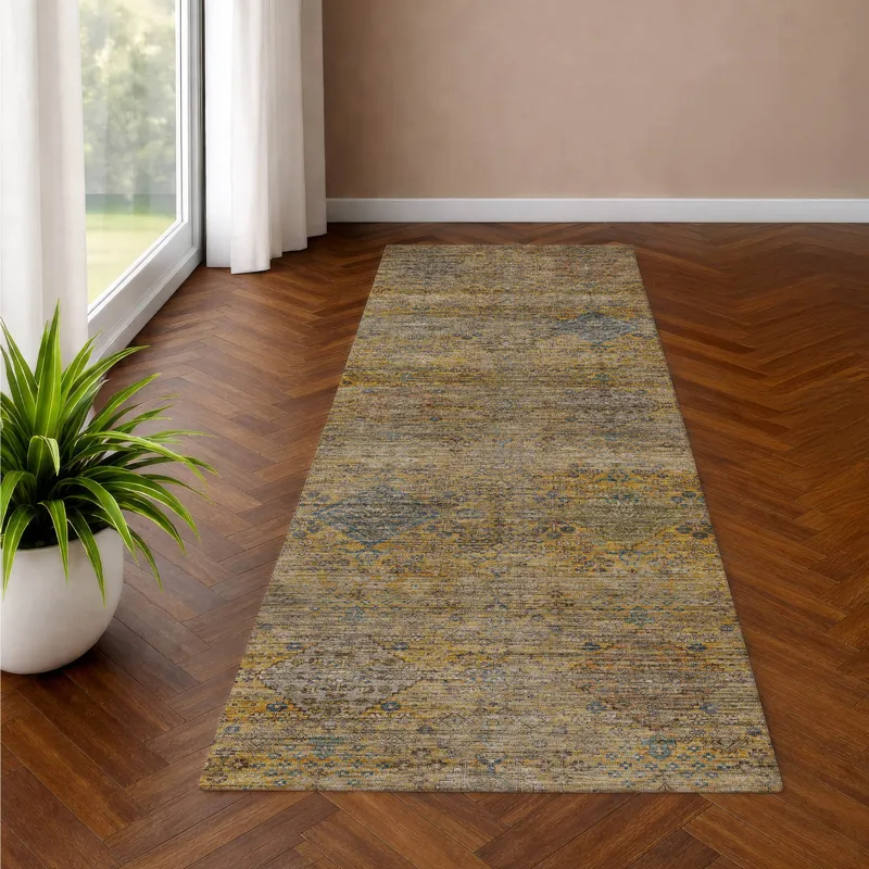 Machine Washable Aristo Gold 2\'3\" x 7\'6\" Runner Rug