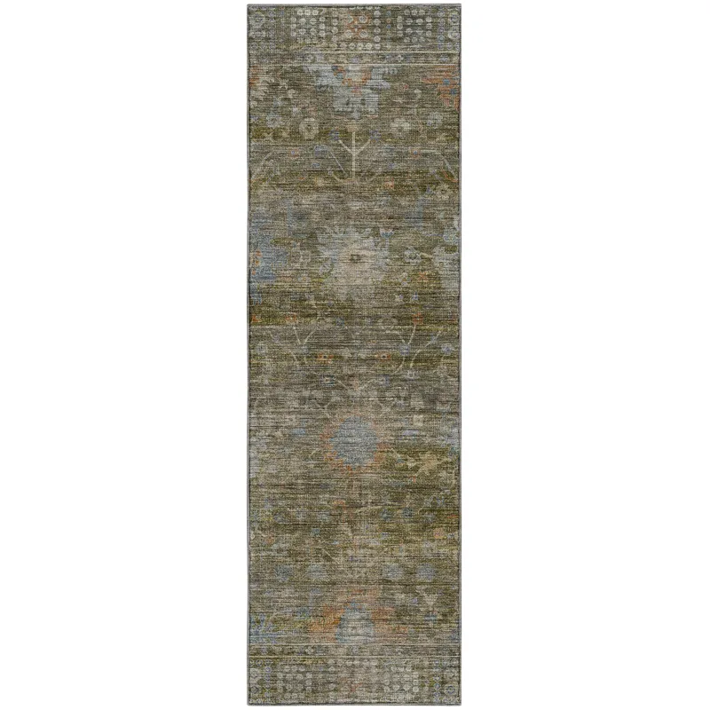 Machine Washable Aristo Olive 2\'3\" x 7\'6\" Runner Rug