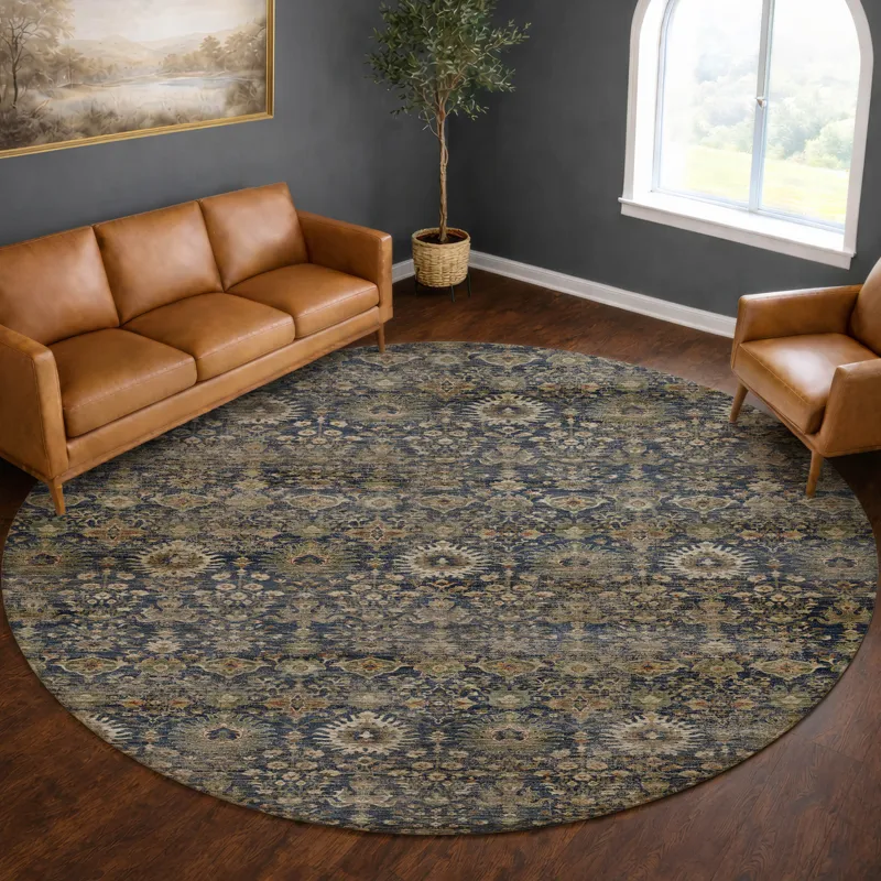 Machine Washable Aristo Navy 8\' x 8\' Round Rug