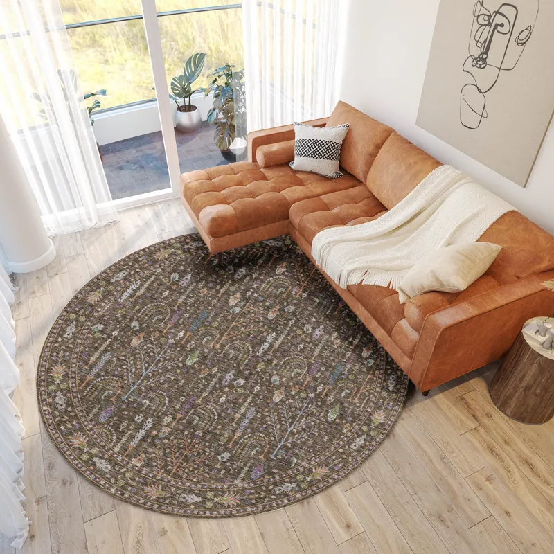 Luxury Washable Hatay Brown 8\' x 8\' Round Rug