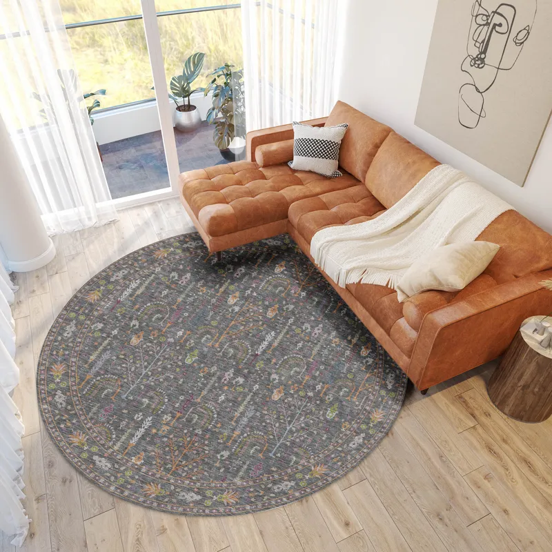Luxury Washable Hatay Gray 8\' x 8\' Round Rug