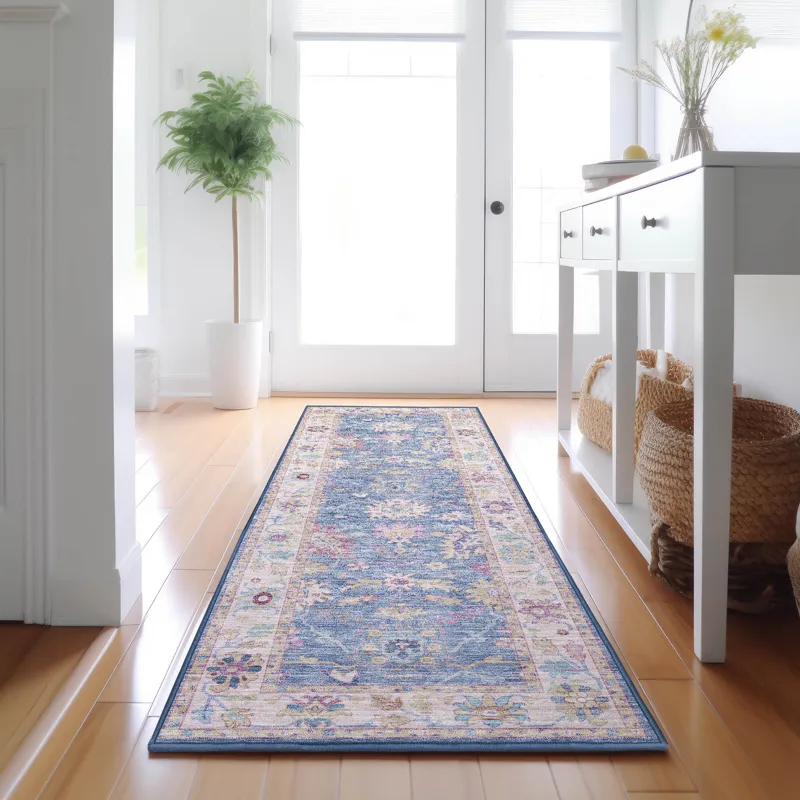 Luxury Washable Hatay Blue 2\'3\" x 7\'6\" Runner Rug
