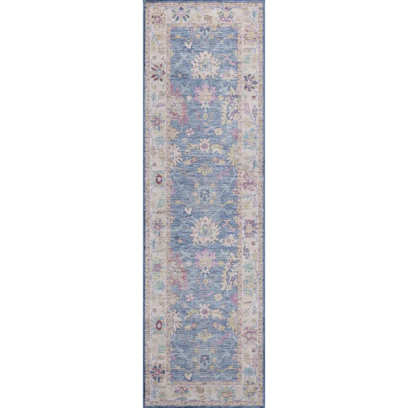 Luxury Washable Hatay Blue 2\'3\" x 7\'6\" Runner Rug