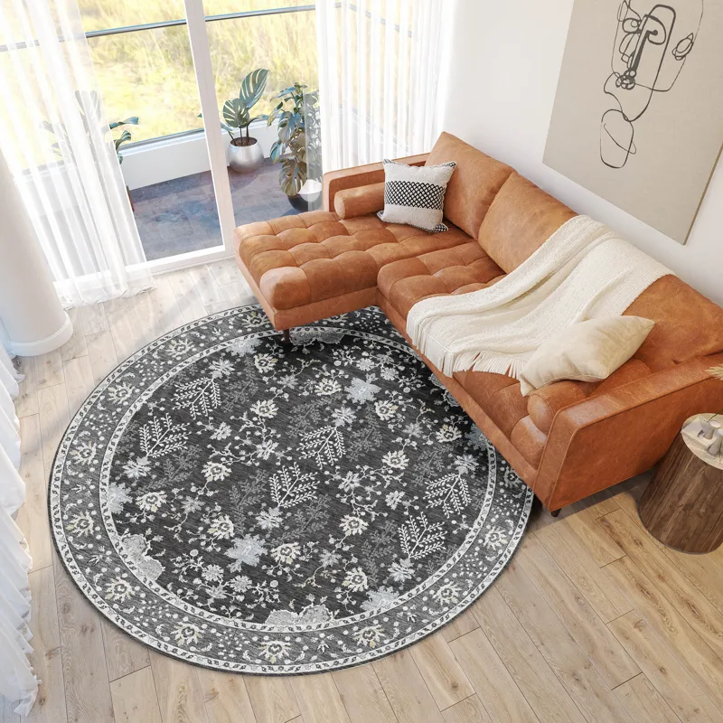 Luxury Washable Hatay Charcoal 8\' x 8\' Round Rug