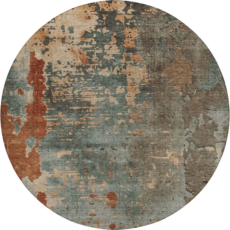 Luxury Washable Indoor/Outdoor Kochi Teal 8\' x 8\' Round Rug