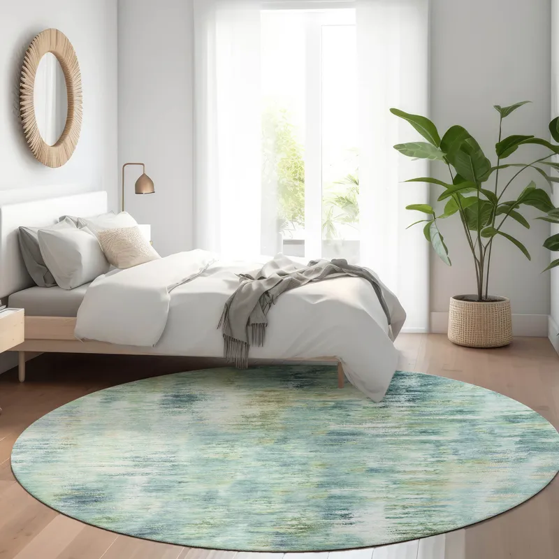 Luxury Washable Indoor/Outdoor Kochi Teal 8\' x 8\' Round Rug