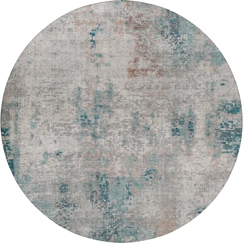 Luxury Washable Indoor/Outdoor Kochi Teal 8\' x 8\' Round Rug