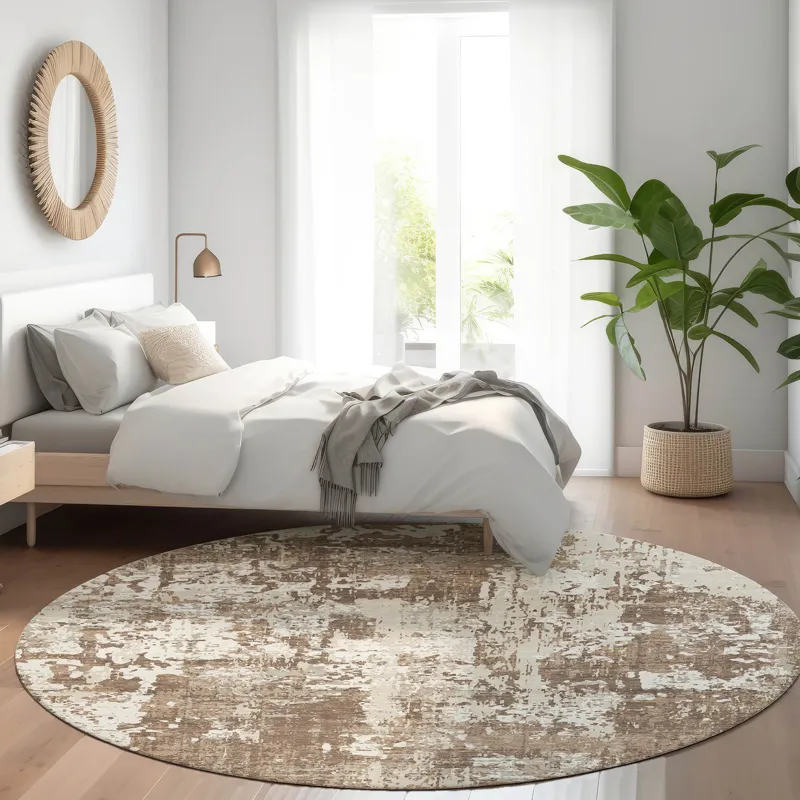 Luxury Washable Indoor/Outdoor Kochi Brown 8\' x 8\' Round Rug
