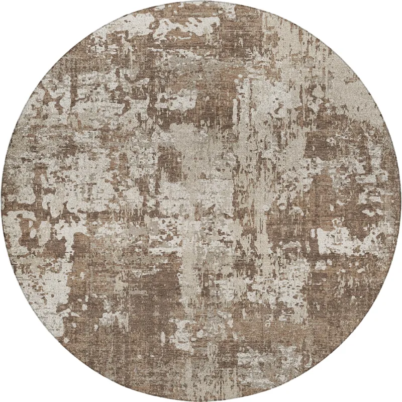 Luxury Washable Indoor/Outdoor Kochi Brown 8\' x 8\' Round Rug