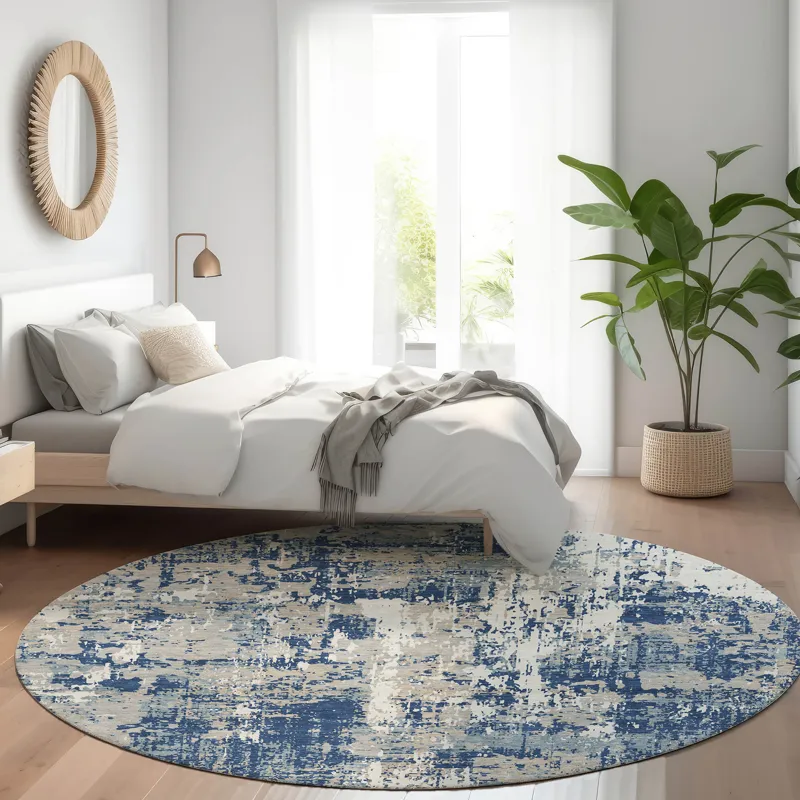 Luxury Washable Indoor/Outdoor Kochi Navy 8\' x 8\' Round Rug