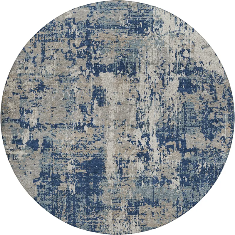 Luxury Washable Indoor/Outdoor Kochi Navy 8\' x 8\' Round Rug