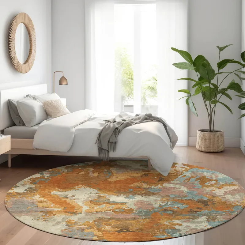 Luxury Washable Indoor/Outdoor Kochi Copper 8\' x 8\' Round Rug