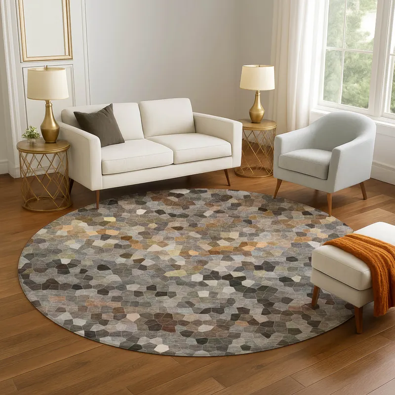 Luxury Washable Indoor/Outdoor Kaleidoscope Pewter 8\' x 8\' Round Rug