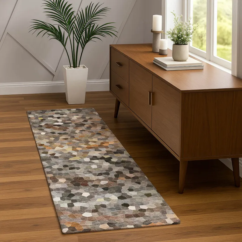 Luxury Washable Indoor/Outdoor Kaleidoscope Pewter 2\'3\" x 7\'6\" Runner Rug