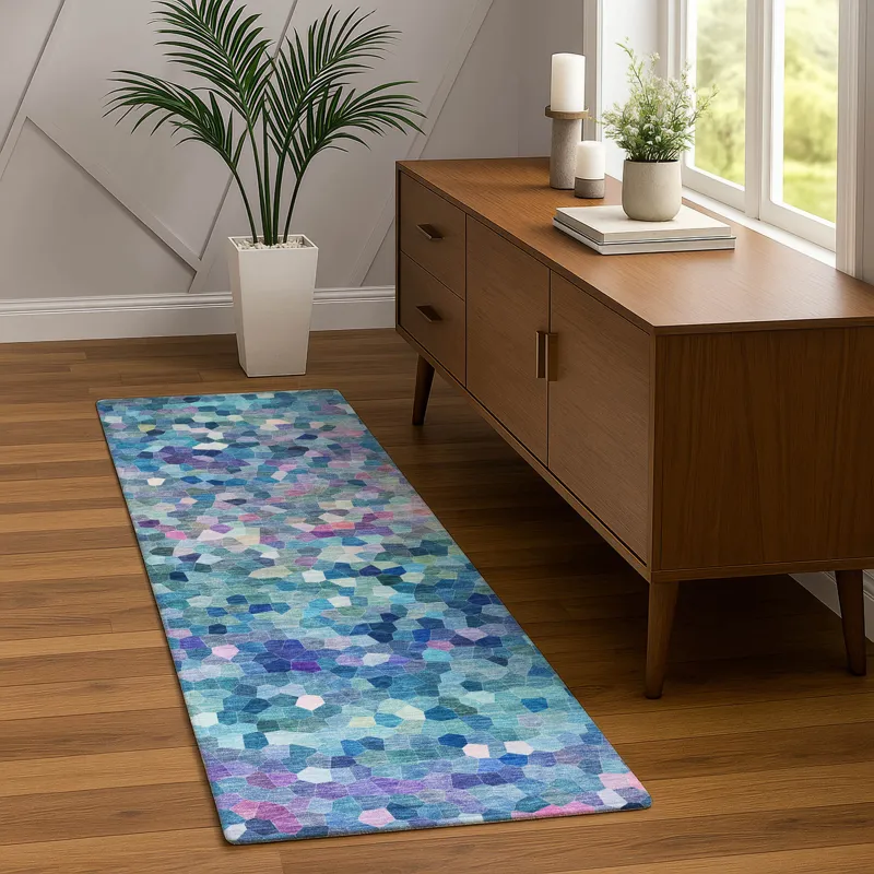 Luxury Washable Indoor/Outdoor Kaleidoscope Turquoise 2\'3\" x 7\'6\" Runner Rug
