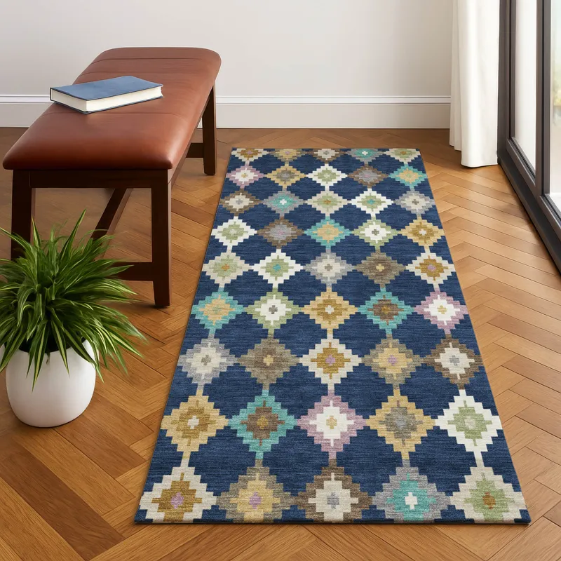Luxury Washable Kenner Navy 2\'3\" x 7\'6\" Runner Rug