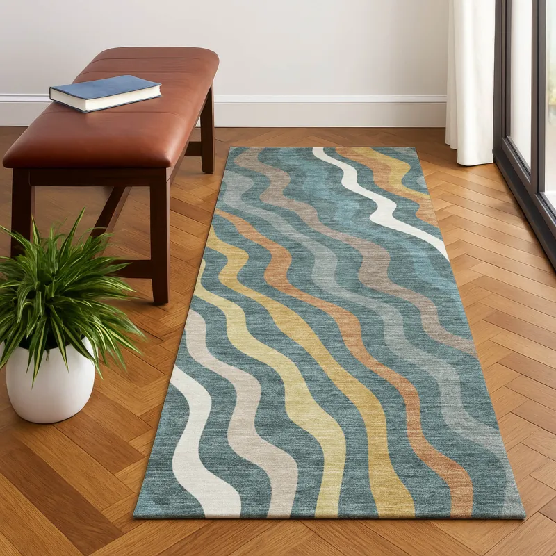Luxury Washable Kenner Teal 2\'3\" x 7\'6\" Runner Rug