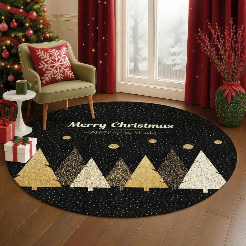 Luxury Washable Indoor/Outdoor Merry & Bright Black 8\' x 8\' Round Rug
