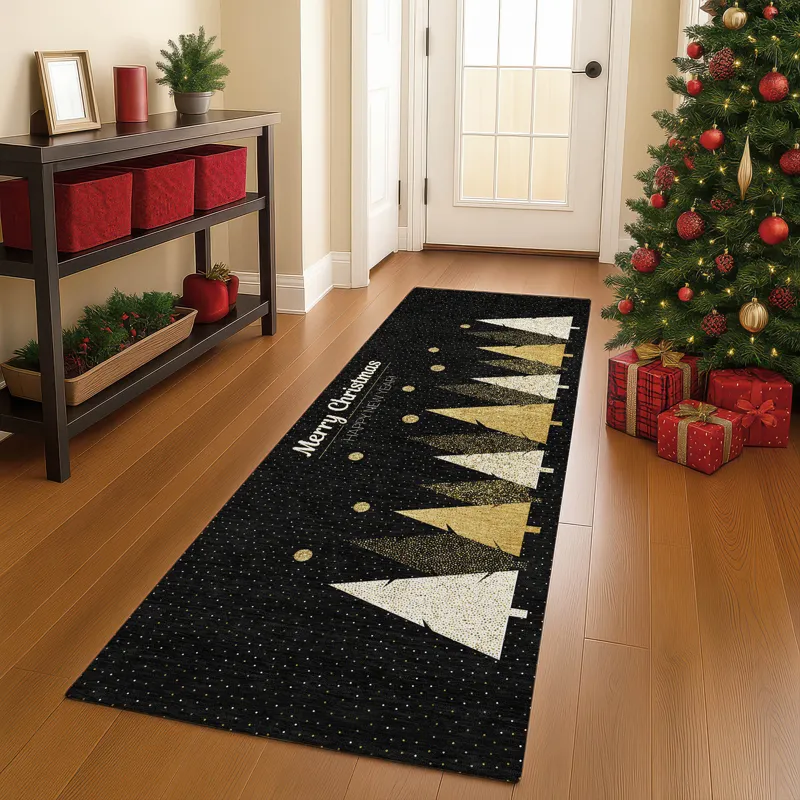 Luxury Washable Indoor/Outdoor Merry & Bright Black 2\'3\" x 7\'6\" Runner Rug