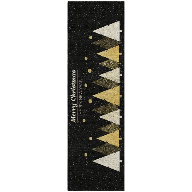 Luxury Washable Indoor/Outdoor Merry & Bright Black 2\'3\" x 7\'6\" Runner Rug