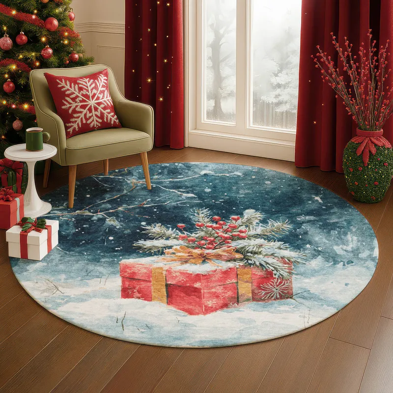 Luxury Washable Indoor/Outdoor Merry & Bright Blue 8\' x 8\' Round Rug