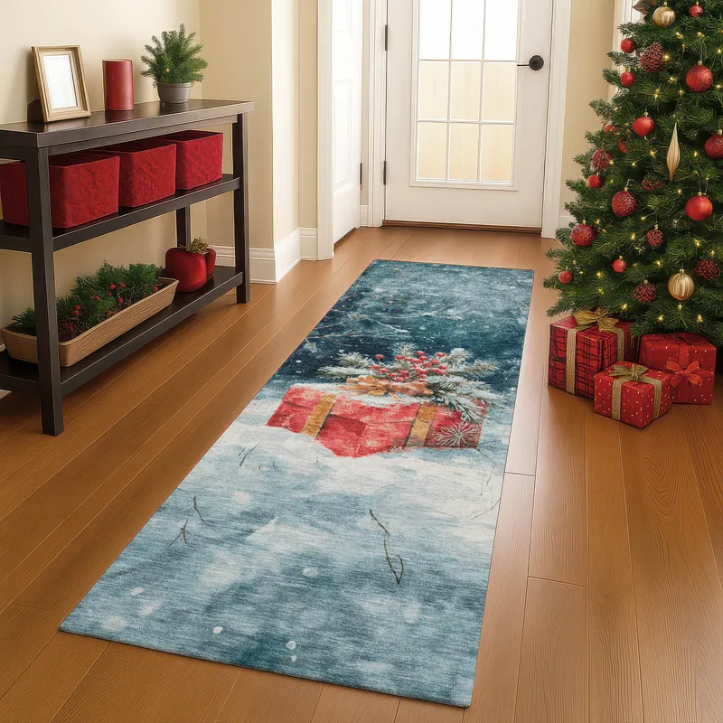 Luxury Washable Indoor/Outdoor Merry & Bright Blue 2\'3\" x 7\'6\" Runner Rug