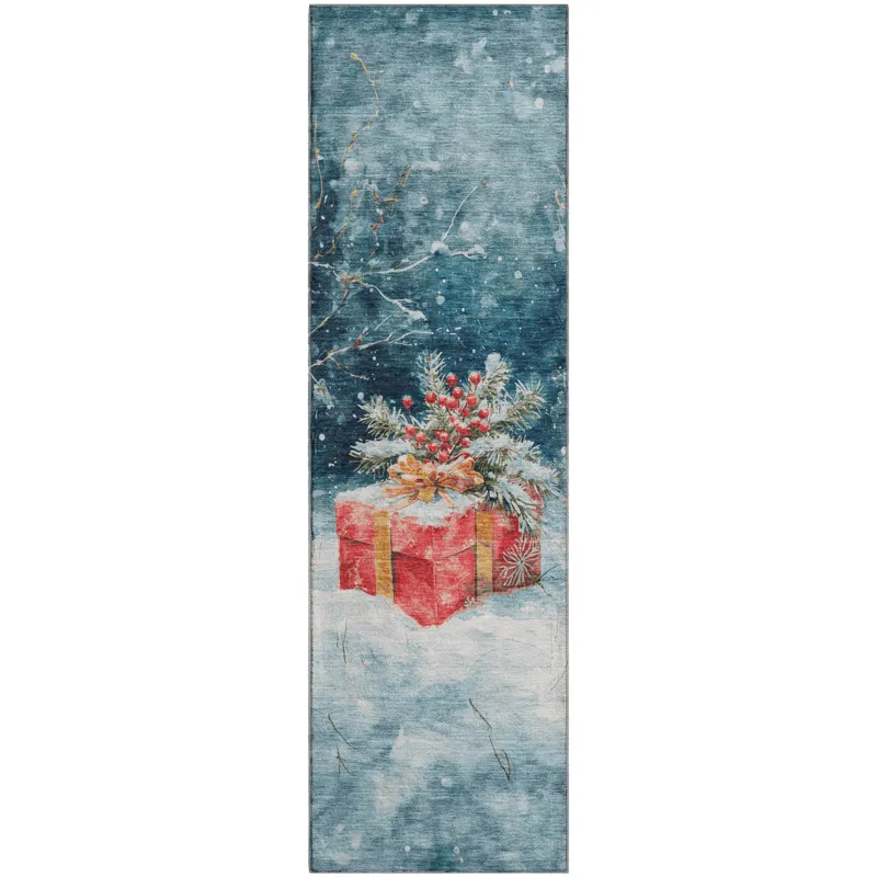 Luxury Washable Indoor/Outdoor Merry & Bright Blue 2\'3\" x 7\'6\" Runner Rug