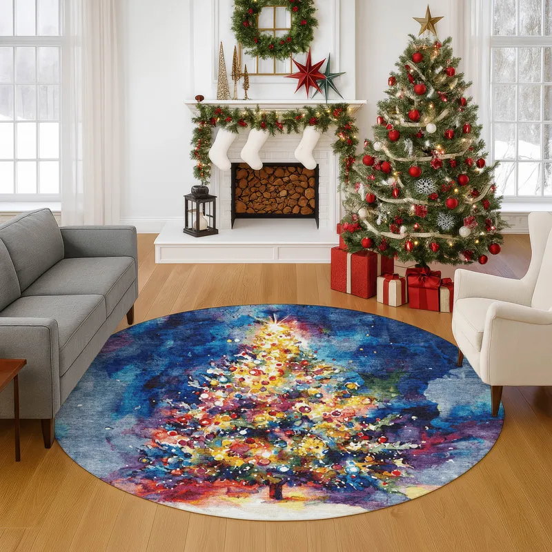Luxury Washable Indoor/Outdoor Merry & Bright Navy 8\' x 8\' Round Rug
