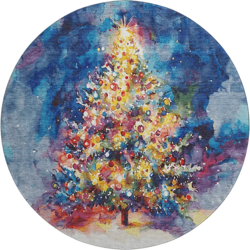 Luxury Washable Indoor/Outdoor Merry & Bright Navy 8\' x 8\' Round Rug