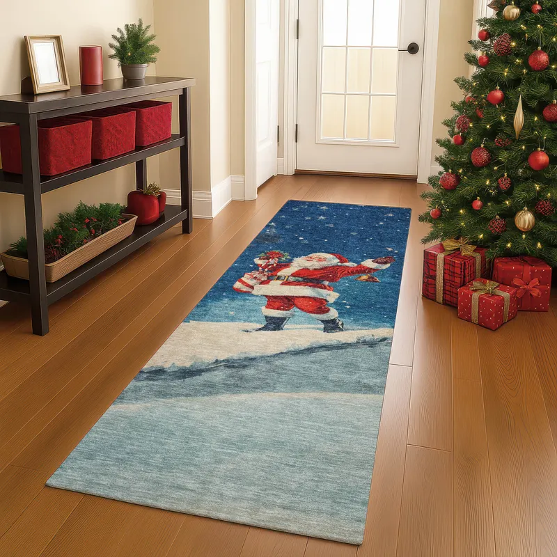 Luxury Washable Indoor/Outdoor Merry & Bright Blue 2\'3\" x 7\'6\" Runner Rug