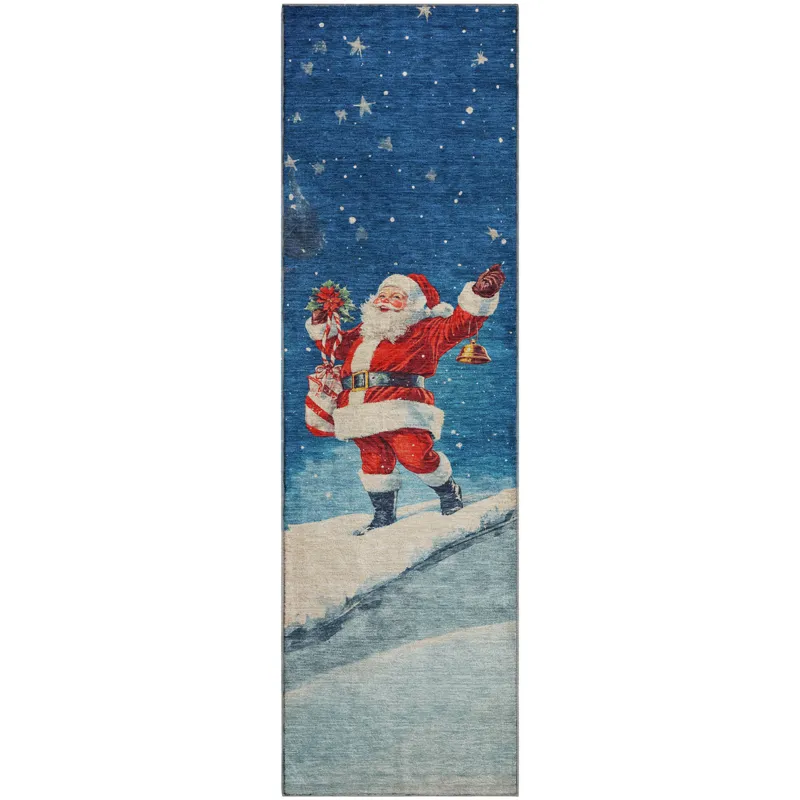 Luxury Washable Indoor/Outdoor Merry & Bright Blue 2\'3\" x 7\'6\" Runner Rug