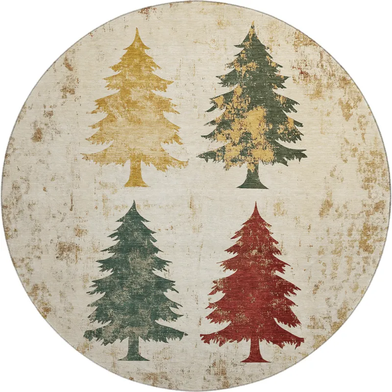 Luxury Washable Indoor/Outdoor Merry & Bright Ivory 8\' x 8\' Round Rug