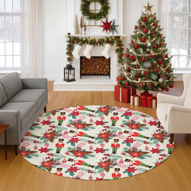 Luxury Washable Indoor/Outdoor Merry & Bright Ivory 8\' x 8\' Round Rug