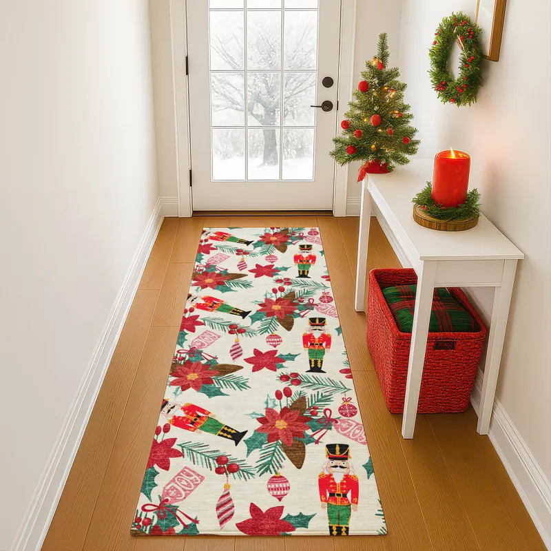 Luxury Washable Indoor/Outdoor Merry & Bright Ivory 2\'3\" x 7\'6\" Runner Rug
