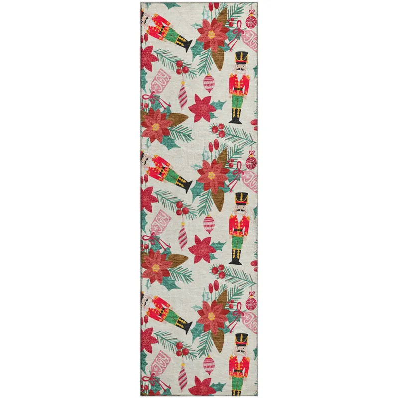 Luxury Washable Indoor/Outdoor Merry & Bright Ivory 2\'3\" x 7\'6\" Runner Rug