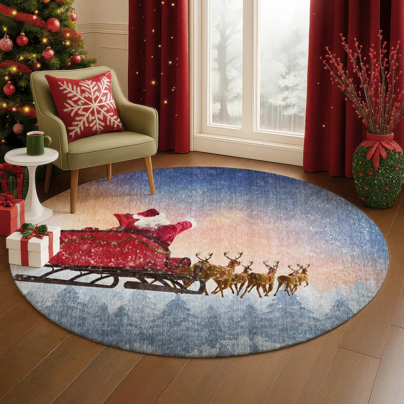 Luxury Washable Indoor/Outdoor Merry & Bright Twilight 8\' x 8\' Round Rug