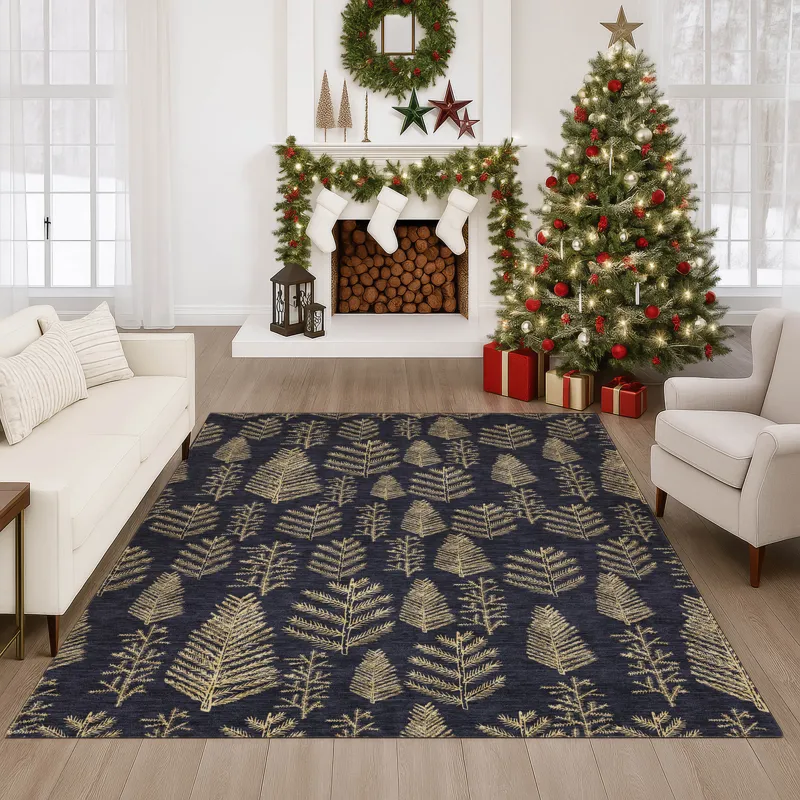 Luxury Washable Indoor/Outdoor Merry & Bright Black 8\' x 10\' Rug