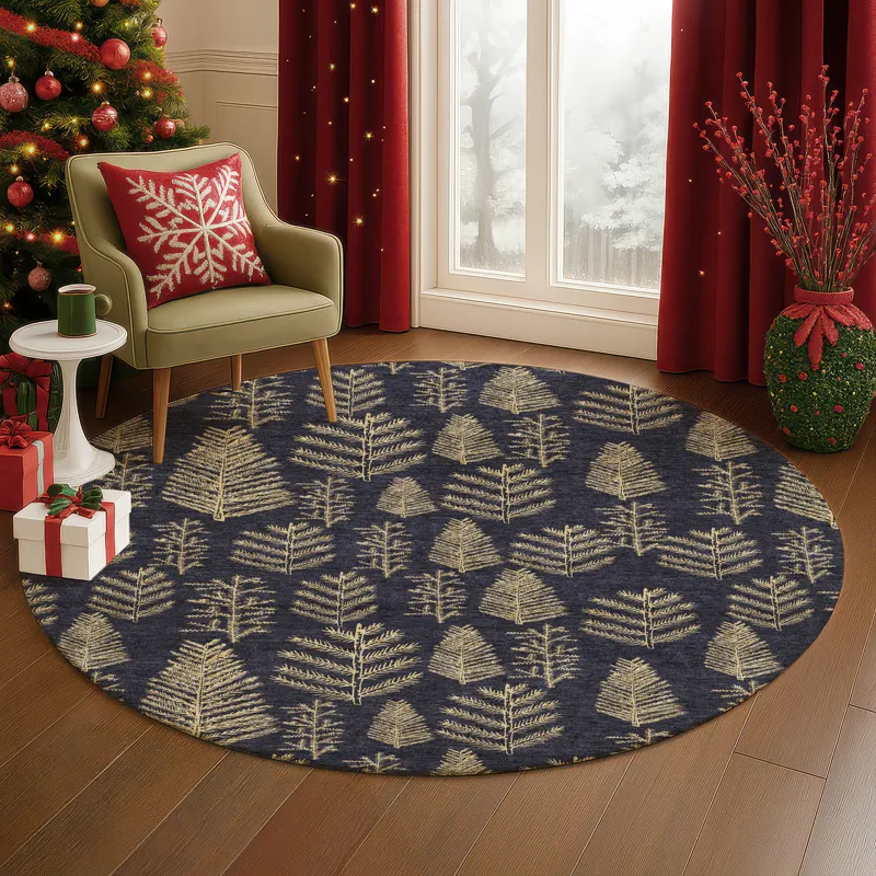 Luxury Washable Indoor/Outdoor Merry & Bright Black 8\' x 8\' Round Rug