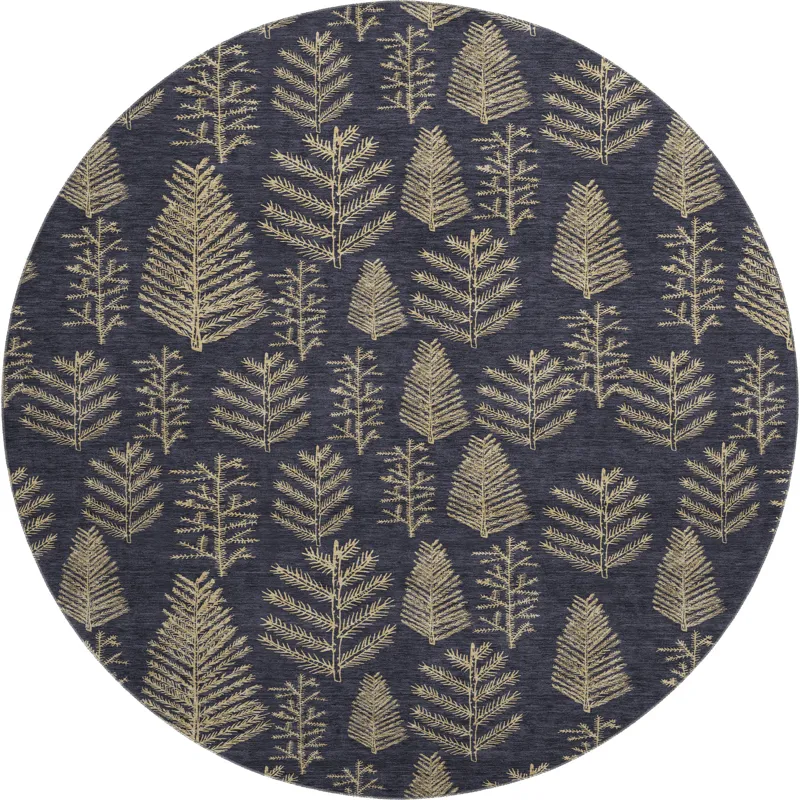 Luxury Washable Indoor/Outdoor Merry & Bright Black 8\' x 8\' Round Rug