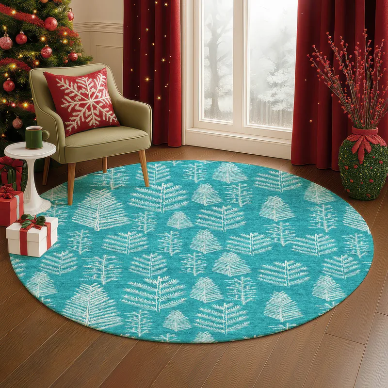 Luxury Washable Indoor/Outdoor Merry & Bright Teal 8\' x 8\' Round Rug
