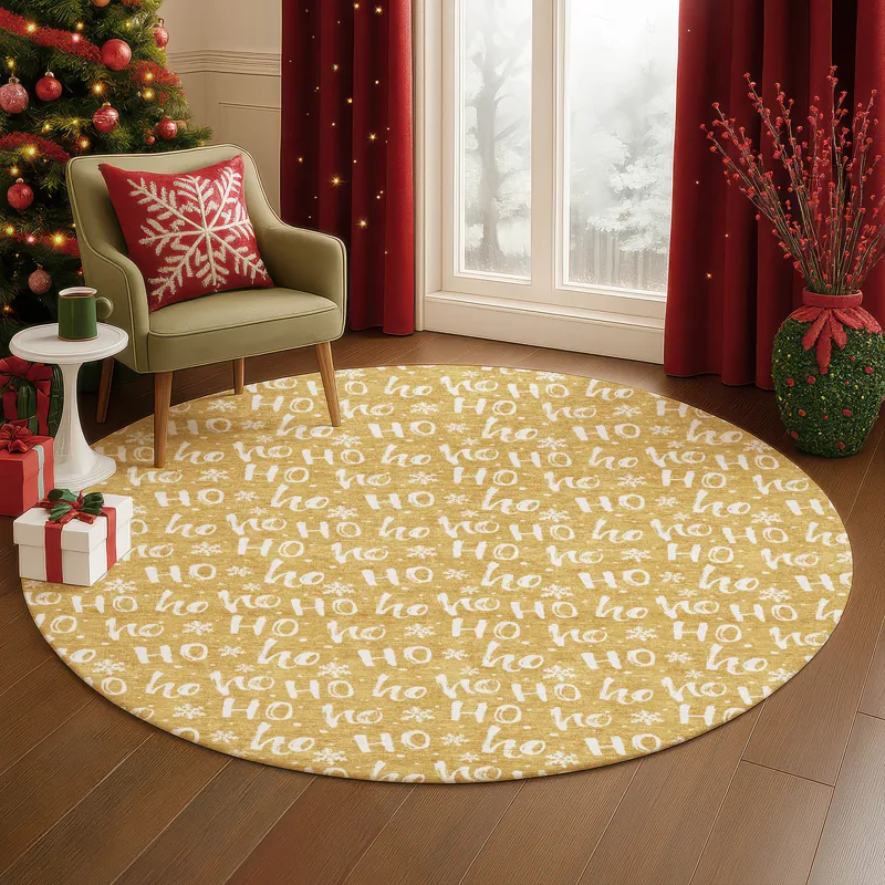Luxury Washable Indoor/Outdoor Merry & Bright Gold 8\' x 8\' Round Rug