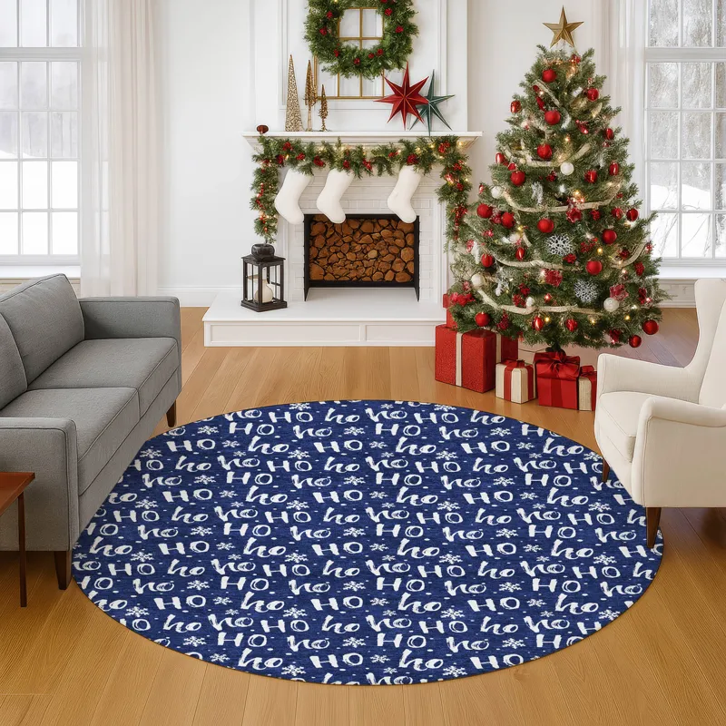 Luxury Washable Indoor/Outdoor Merry & Bright Navy 8\' x 8\' Round Rug