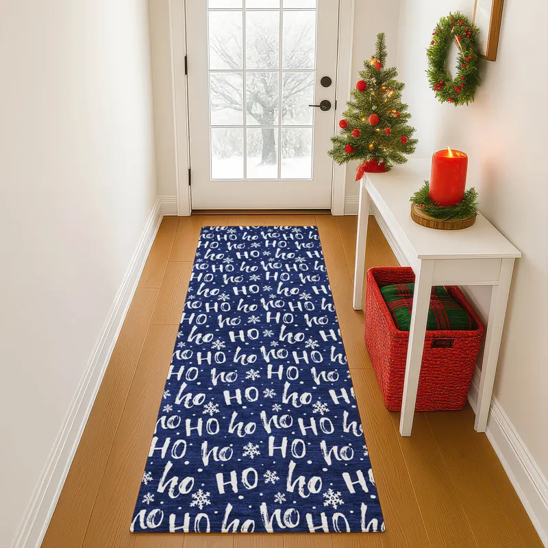 Luxury Washable Indoor/Outdoor Merry & Bright Navy 2\'3\" x 7\'6\" Runner Rug