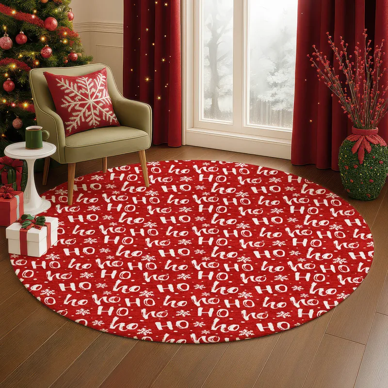 Luxury Washable Indoor/Outdoor Merry & Bright Red 8\' x 8\' Round Rug