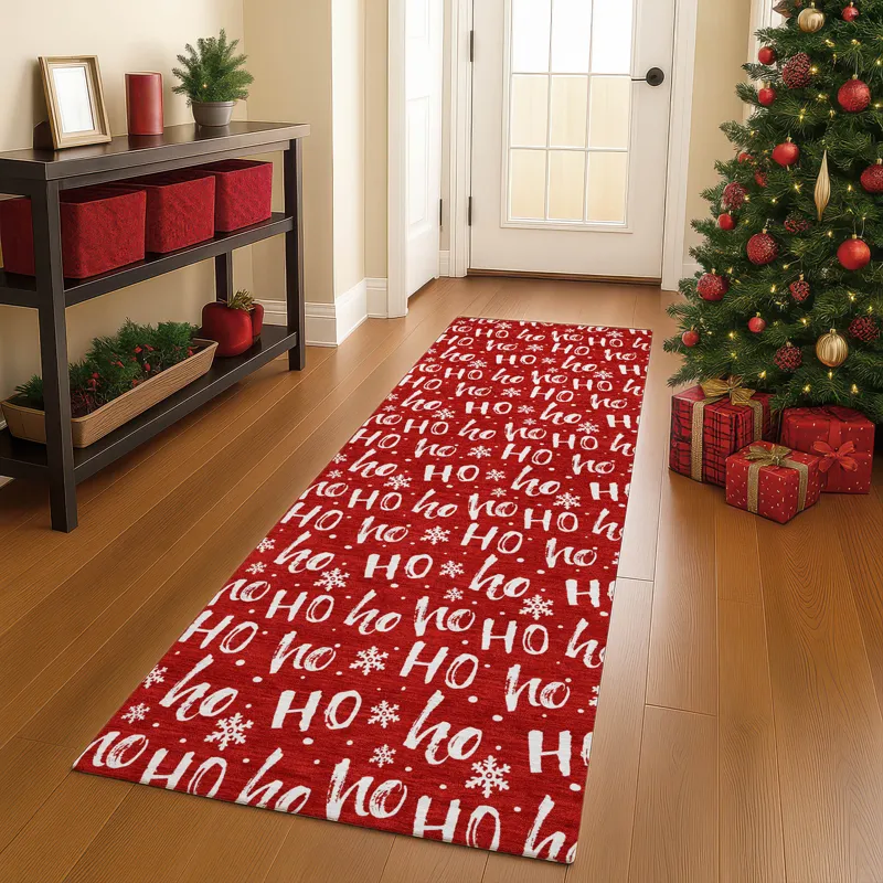 Luxury Washable Indoor/Outdoor Merry & Bright Red 2\'3\" x 7\'6\" Runner Rug