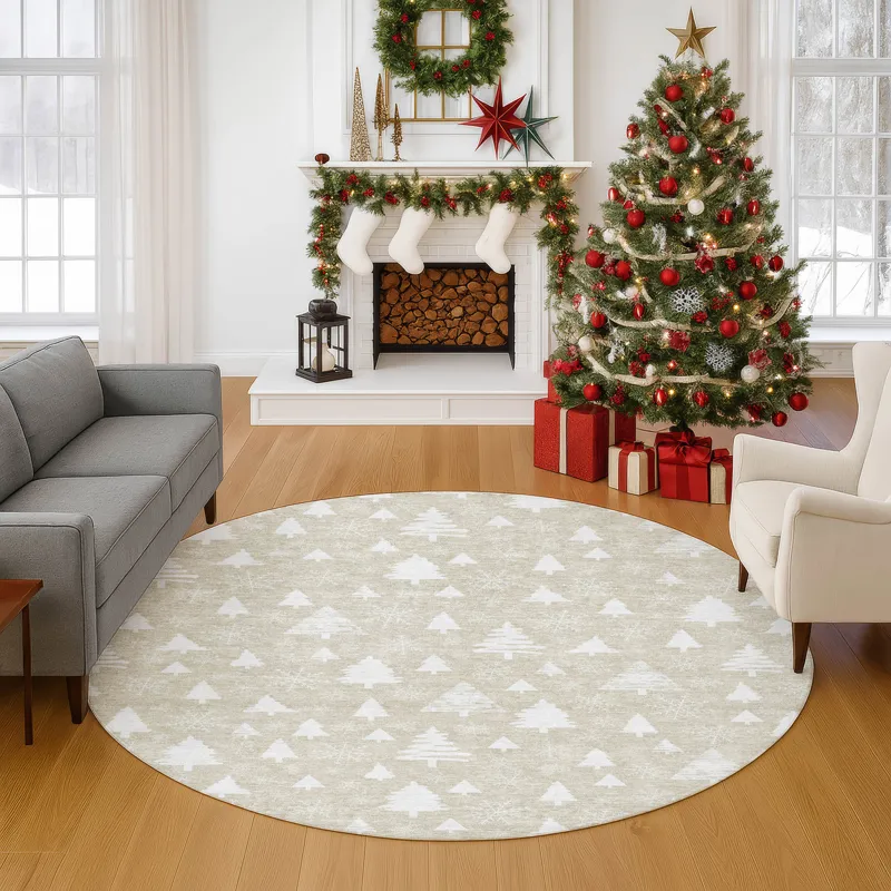 Luxury Washable Indoor/Outdoor Merry & Bright Beige 8\' x 8\' Round Rug
