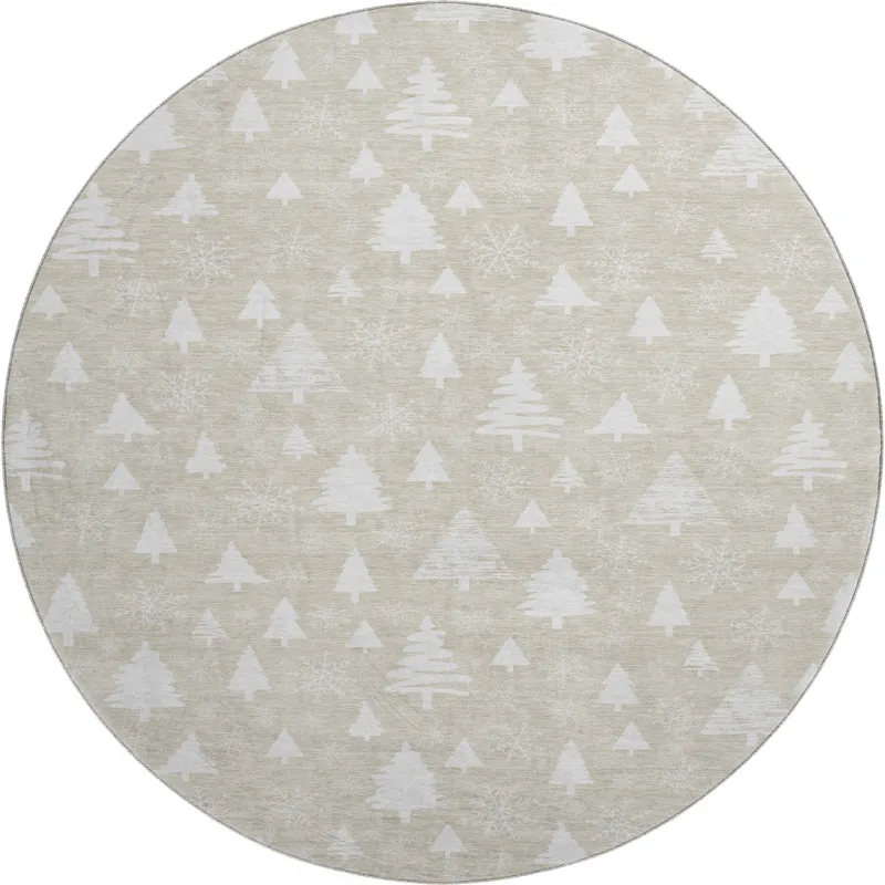 Luxury Washable Indoor/Outdoor Merry & Bright Beige 8\' x 8\' Round Rug