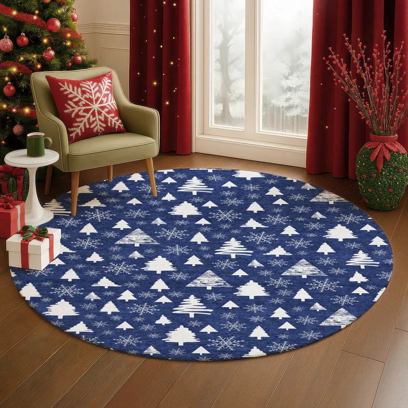 Luxury Washable Indoor/Outdoor Merry & Bright Navy 8\' x 8\' Round Rug