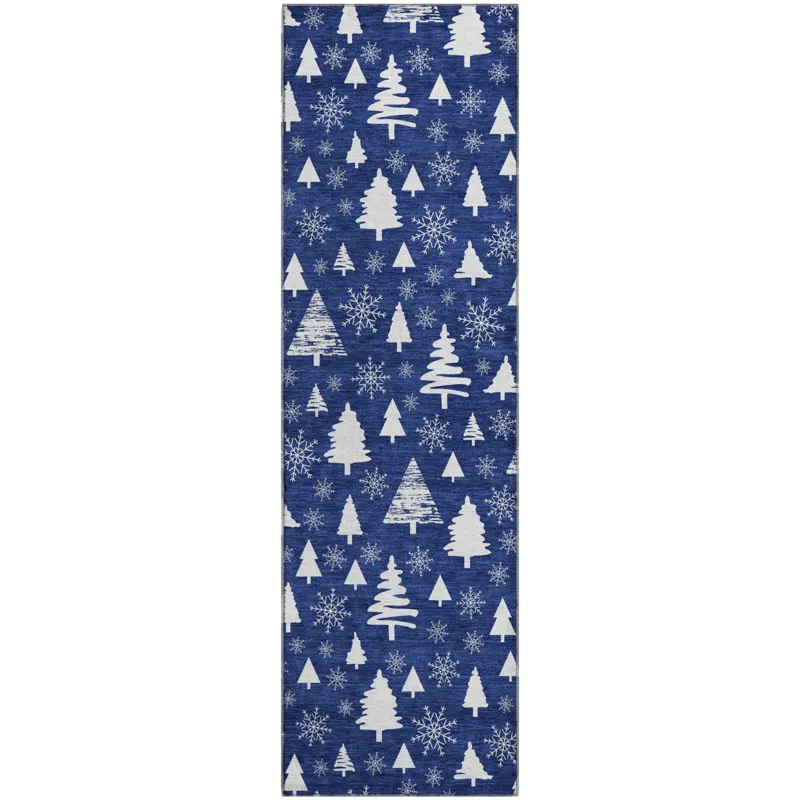 Luxury Washable Indoor/Outdoor Merry & Bright Navy 2\'3\" x 7\'6\" Runner Rug