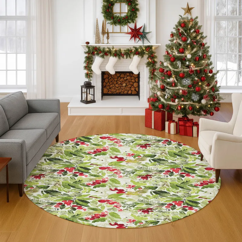 Luxury Washable Indoor/Outdoor Merry & Bright Aloe 8\' x 8\' Round Rug